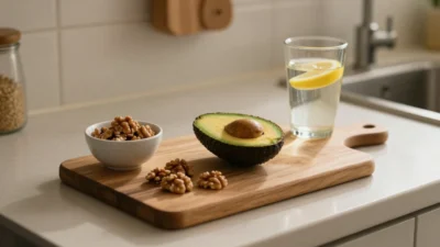 Heart-healthy foods on a kitchen counter including avocado and walnuts
