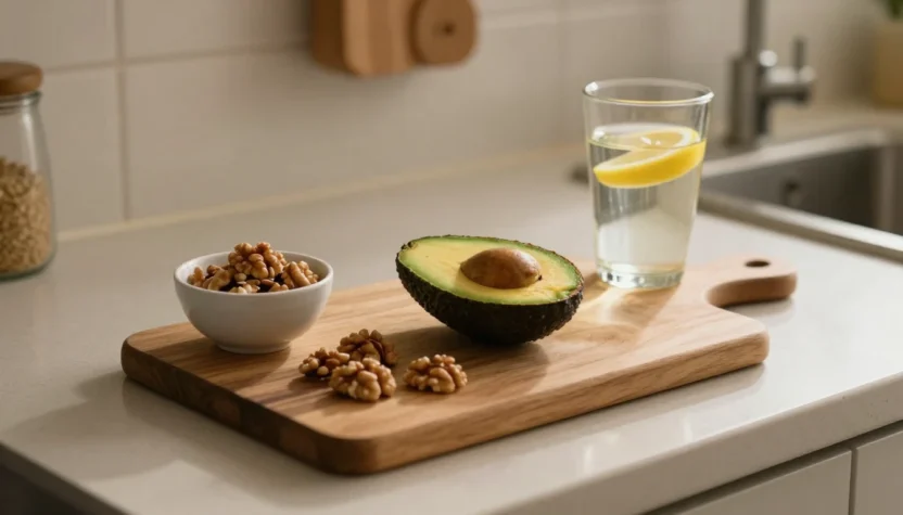 Heart-healthy foods on a kitchen counter including avocado and walnuts