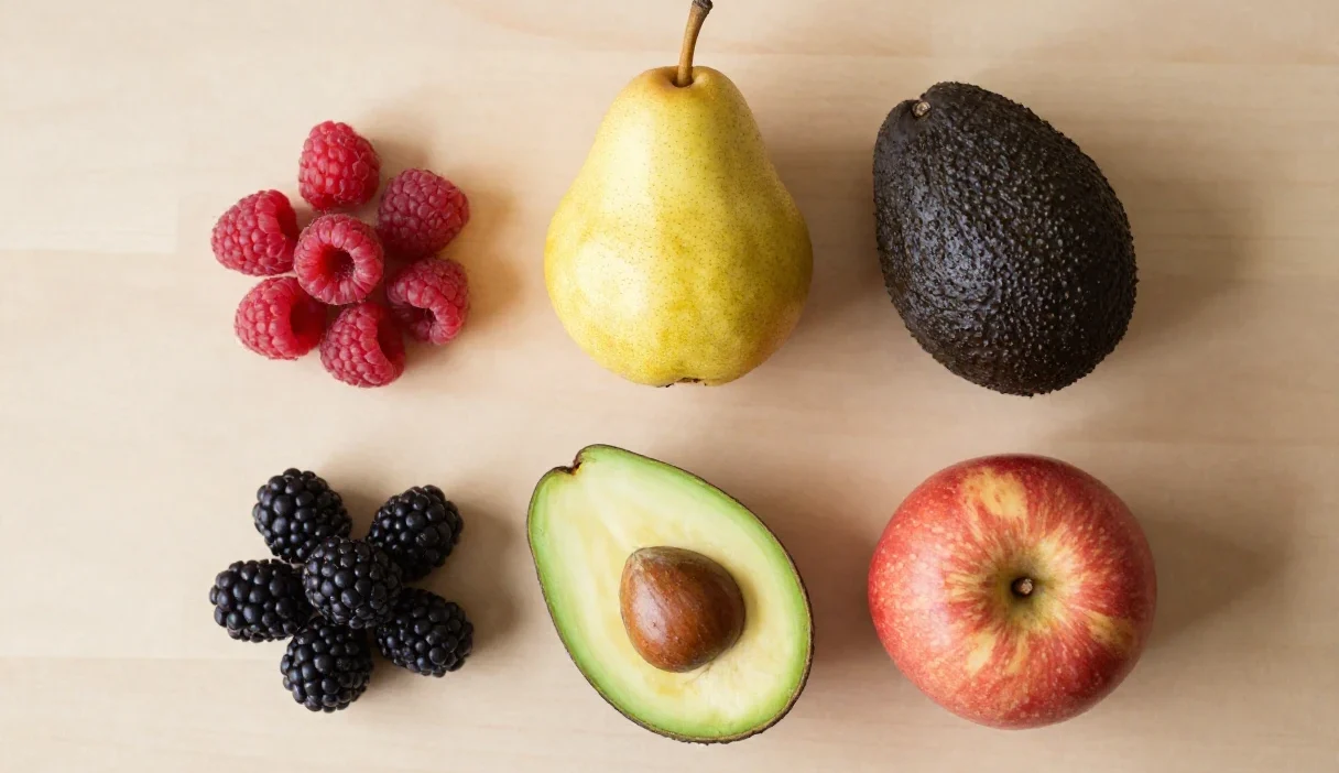 Five high-fiber fruits including raspberries, pear, avocado, apple, and blackberries arranged on a wooden surface
