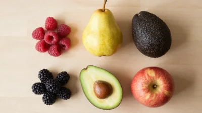 Five high-fiber fruits including raspberries, pear, avocado, apple, and blackberries arranged on a wooden surface