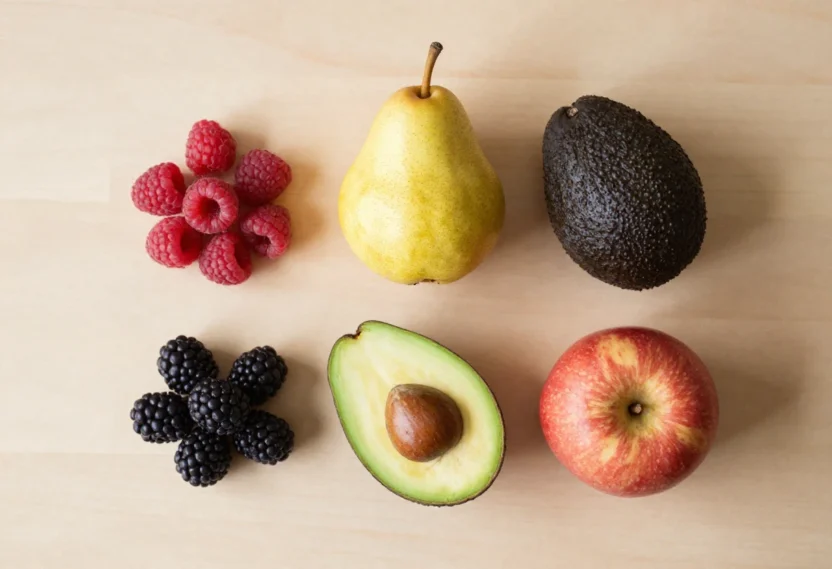 Five high-fiber fruits including raspberries, pear, avocado, apple, and blackberries arranged on a wooden surface