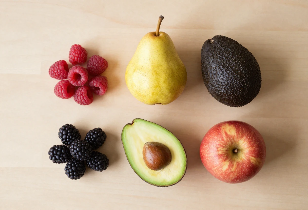 Five high-fiber fruits including raspberries, pear, avocado, apple, and blackberries arranged on a wooden surface