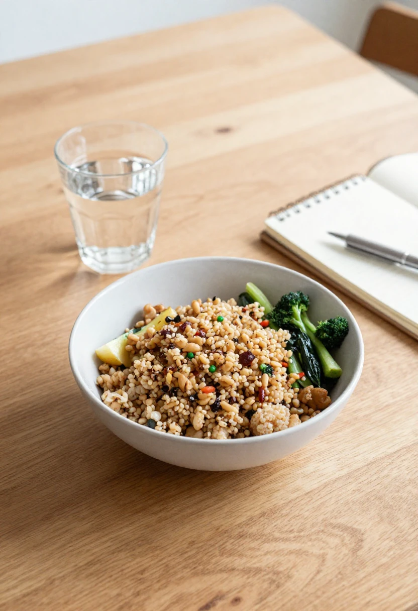 Simple homemade healthy lunch bowl on a wooden table representing budget-friendly eating at home