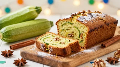 Festive sliced zucchini bread with walnuts and spices