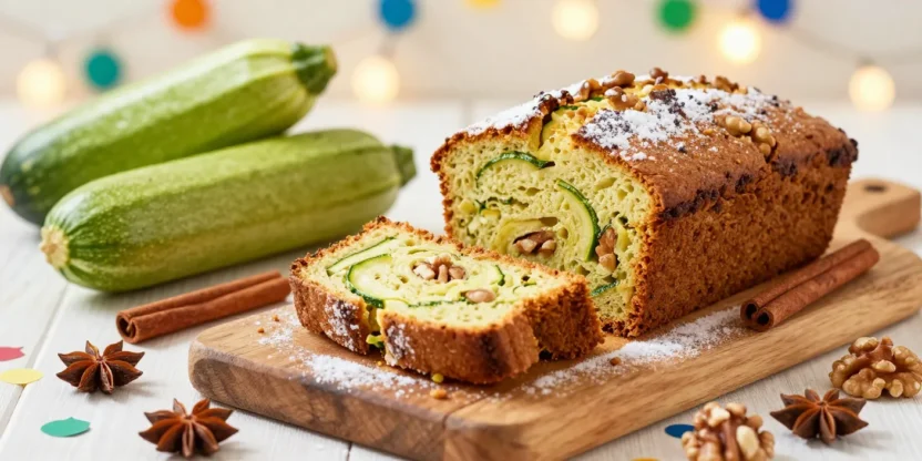 Festive sliced zucchini bread with walnuts and spices