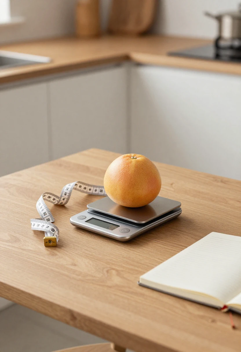 Grapefruit on kitchen scale with measuring tape symbolizing myths about hormone fat burning.
