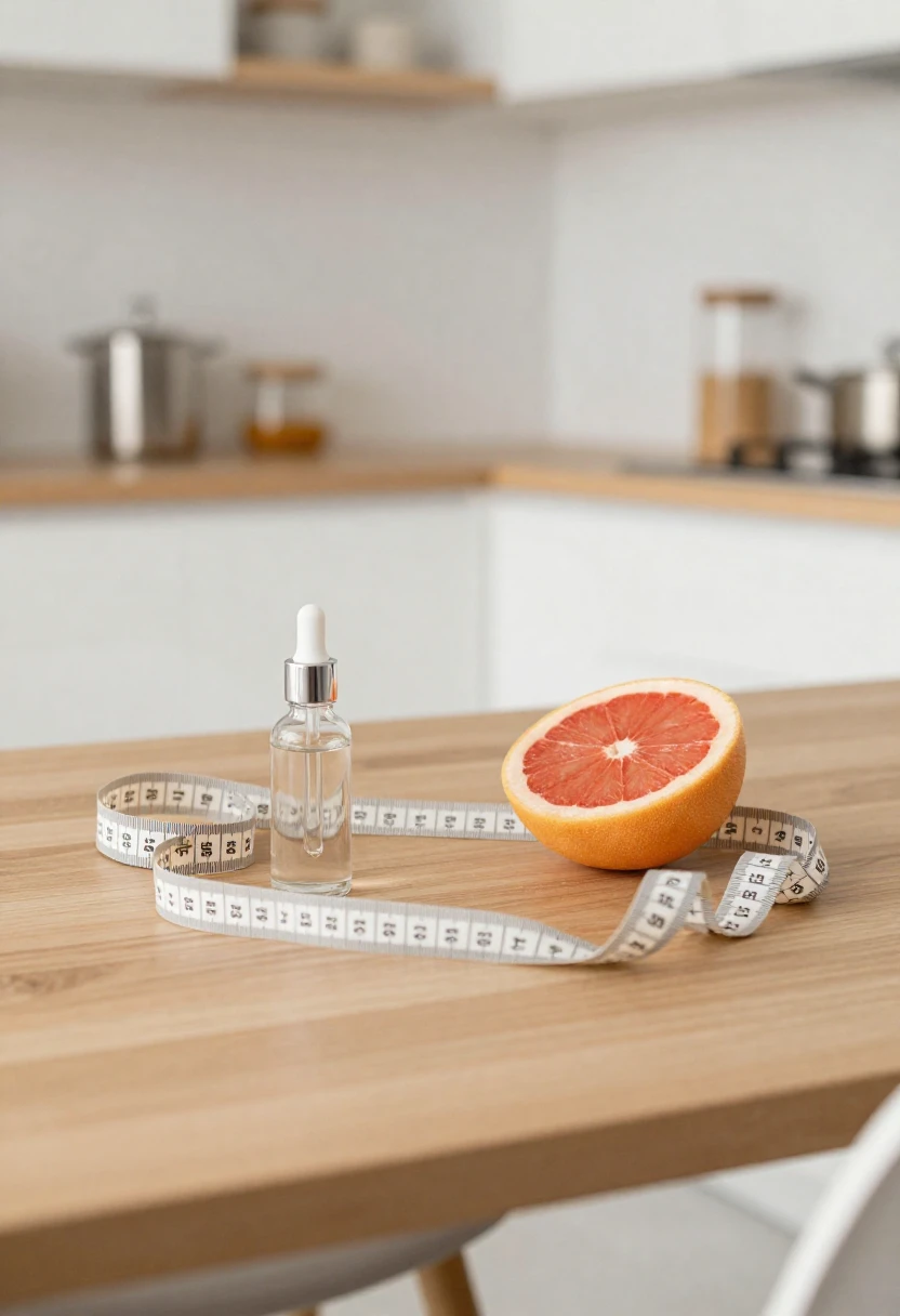 Dropper bottle, grapefruit, and measuring tape representing how HCG diet drops claim to promote weight loss.