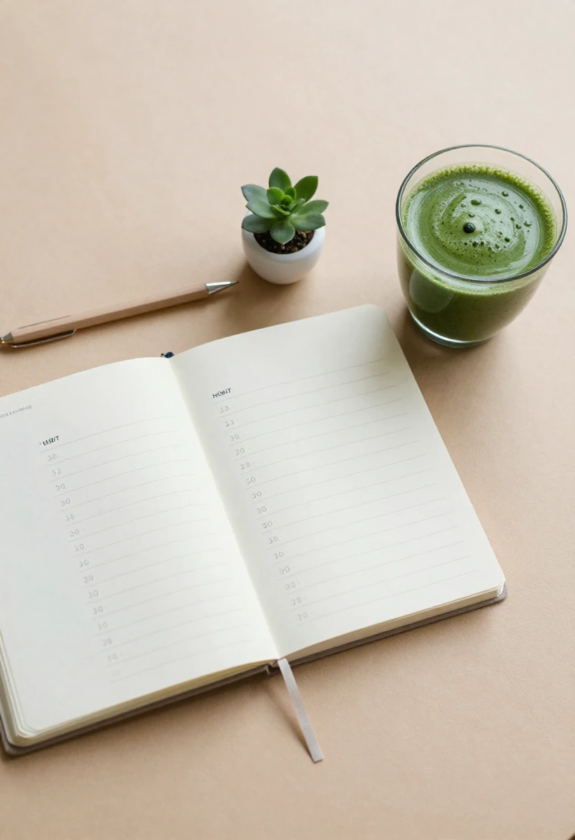 Spirulina results timeline — habit tracker journal with green smoothie and plant