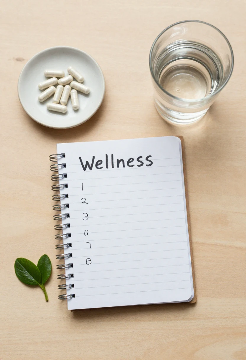 Wellness checklist notebook with supplement capsules and a glass of water on a wooden surface