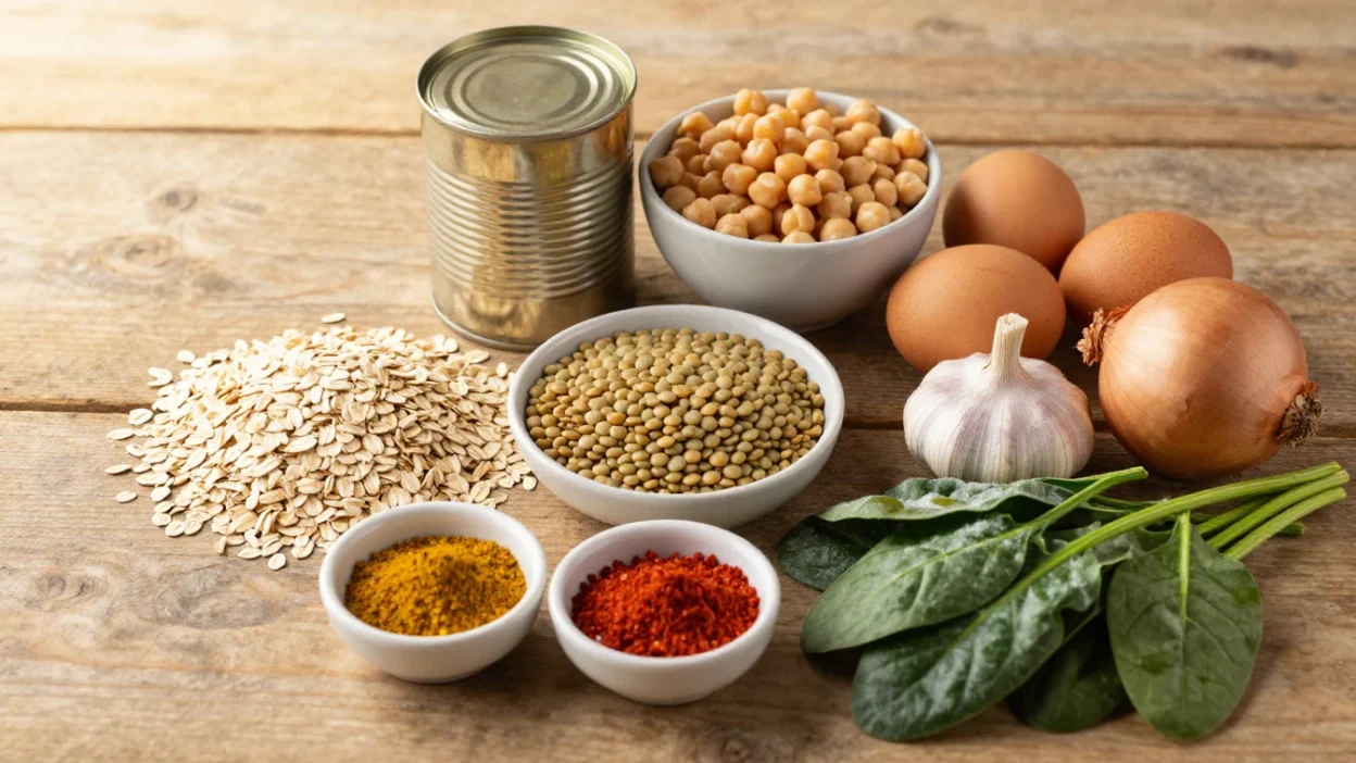 Healthy budget-friendly pantry ingredients including oats, lentils, eggs, and spices arranged on a wooden surface