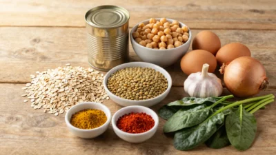 Healthy budget-friendly pantry ingredients including oats, lentils, eggs, and spices arranged on a wooden surface