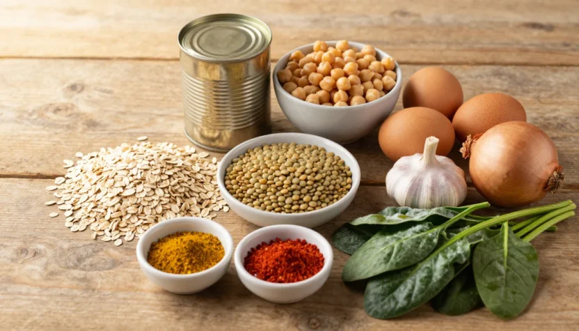 Healthy budget-friendly pantry ingredients including oats, lentils, eggs, and spices arranged on a wooden surface