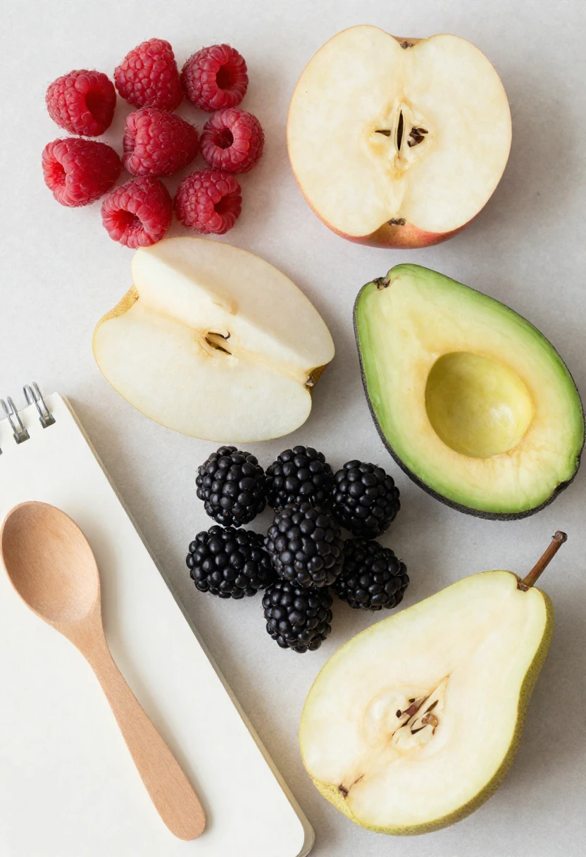 Flat lay of multiple high fiber fruits arranged together representing daily fiber goal planning