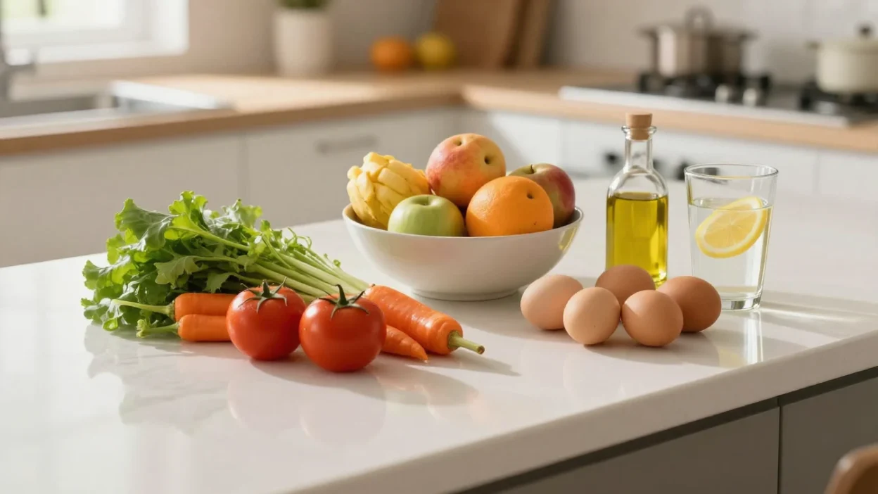 whole foods arranged on a kitchen counter — vegetables, fruit, eggs, and olive oil for a balanced nutrition guide