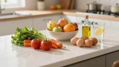 whole foods arranged on a kitchen counter — vegetables, fruit, eggs, and olive oil for a balanced nutrition guide