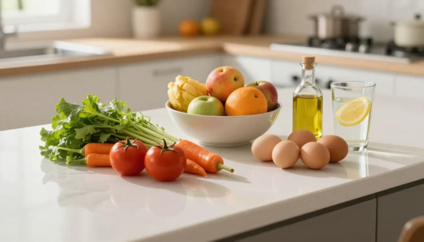 whole foods arranged on a kitchen counter — vegetables, fruit, eggs, and olive oil for a balanced nutrition guide