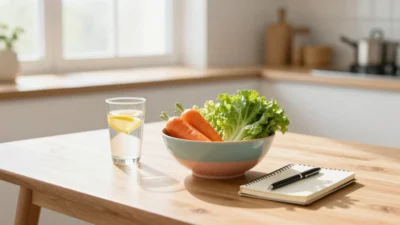 A healthy lifestyle flat lay with fresh vegetables, lemon water, and a journal on a wooden kitchen table