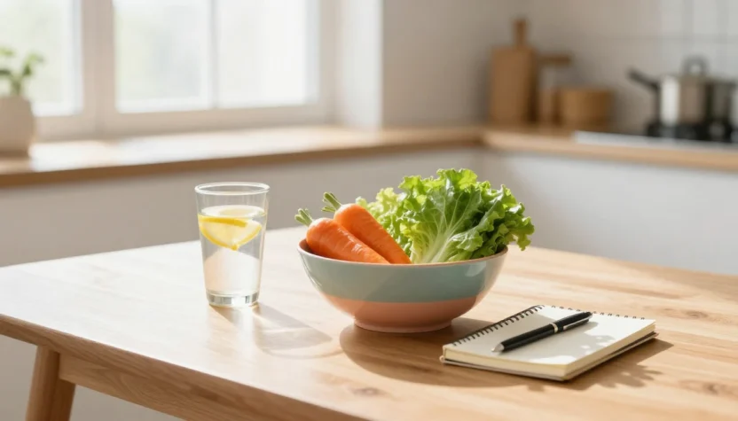 A healthy lifestyle flat lay with fresh vegetables, lemon water, and a journal on a wooden kitchen table