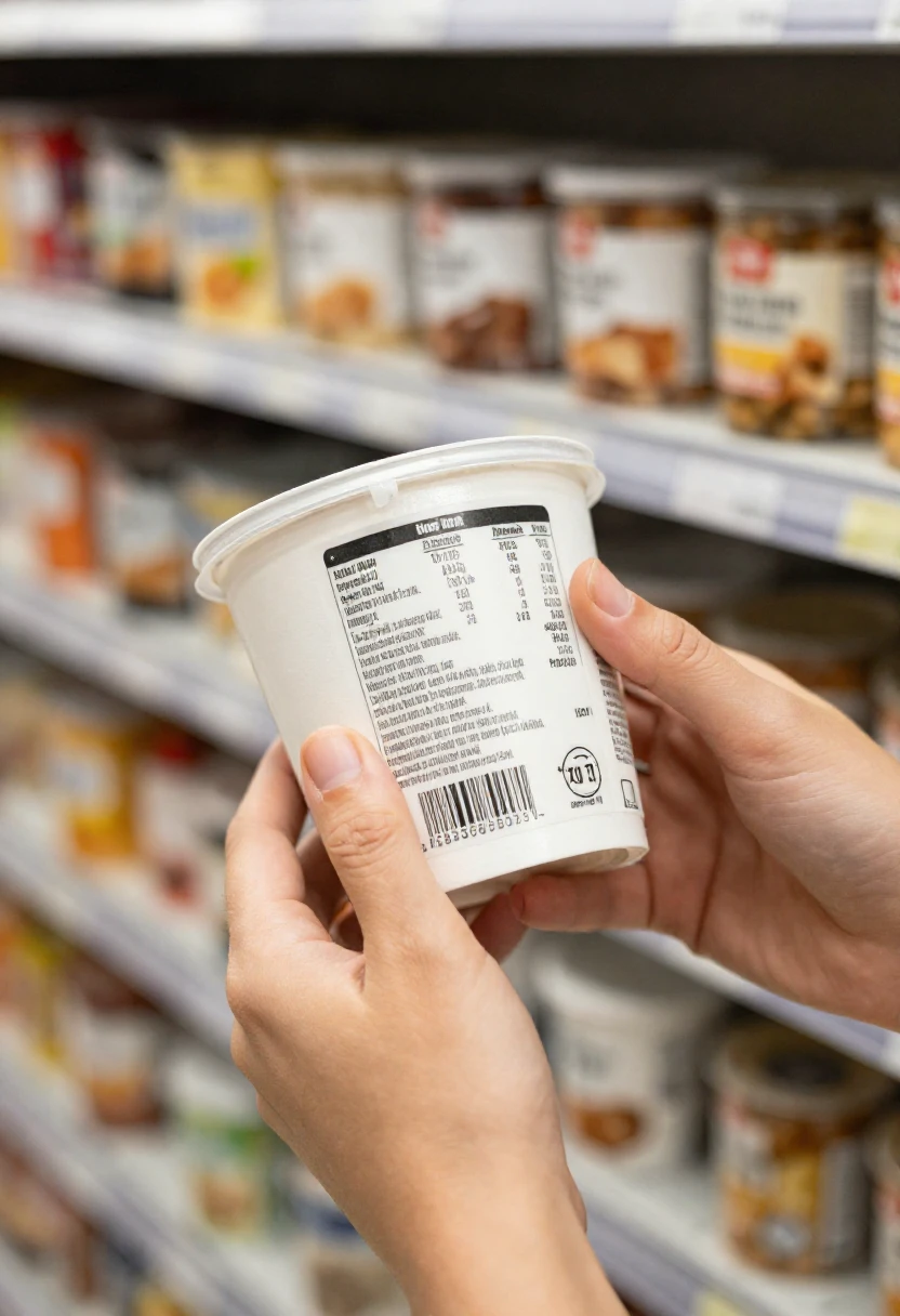 Person reading a nutrition label on a food product in a grocery store aisle