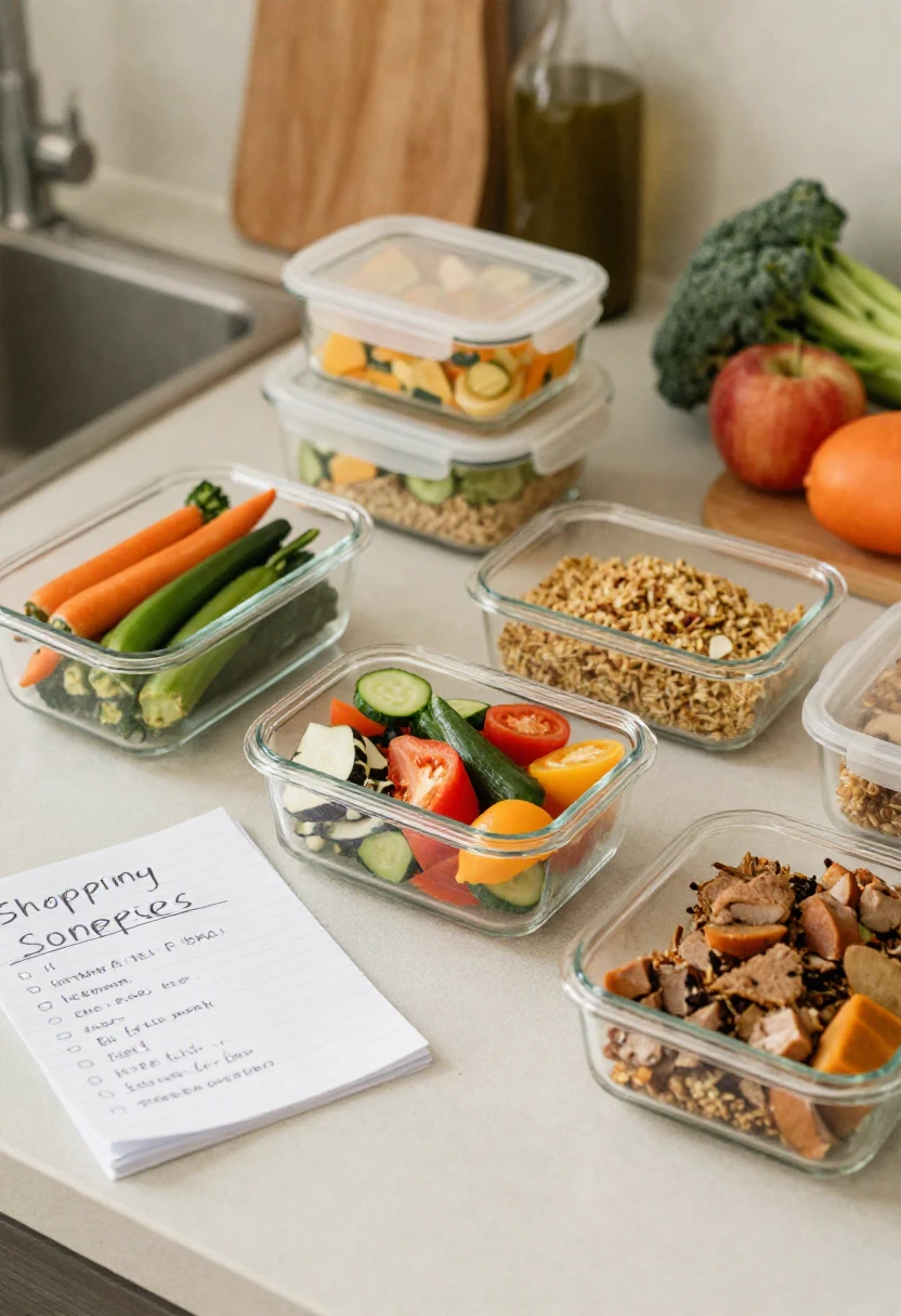 Healthy meal prep containers with vegetables grains and protein for balanced eating