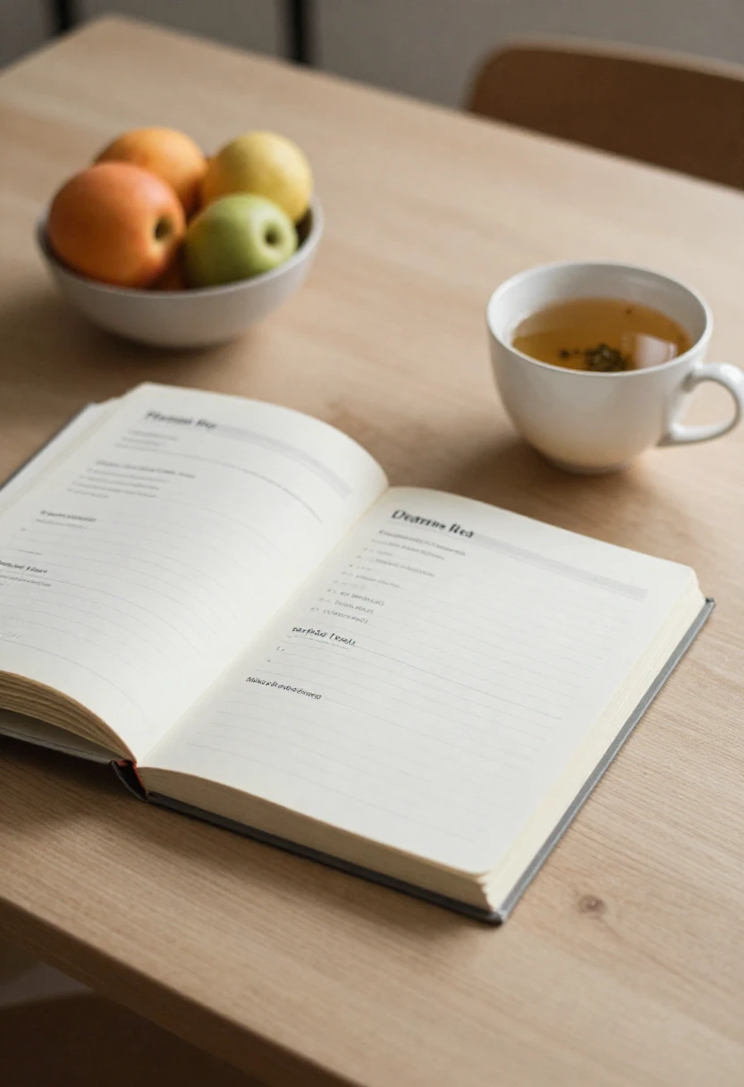Open cookbook and weekly meal plan notepad on a wooden table with herbal tea and fresh fruit