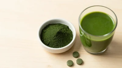 How to take spirulina for maximum benefits — powder, tablets, and green smoothie on wooden surface