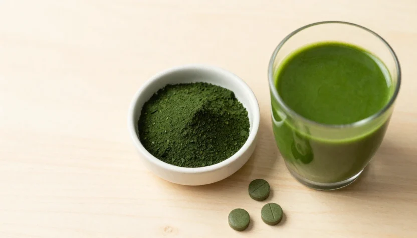 How to take spirulina for maximum benefits — powder, tablets, and green smoothie on wooden surface