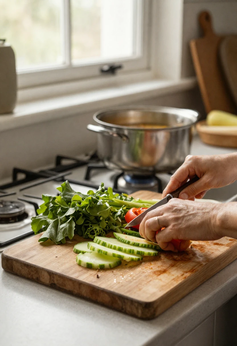 Fresh vegetables being prepped on a wooden cutting board in a cozy home kitchen