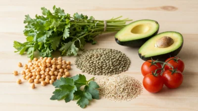 Colorful plant-based foods including vegetables, legumes, and grains arranged on a wooden surface