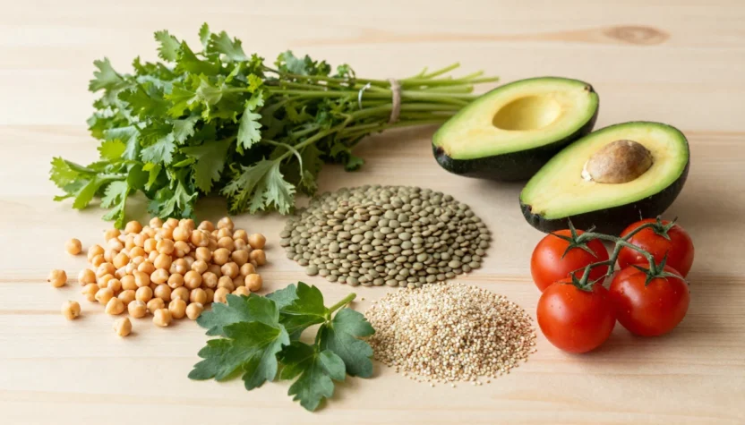 Colorful plant-based foods including vegetables, legumes, and grains arranged on a wooden surface