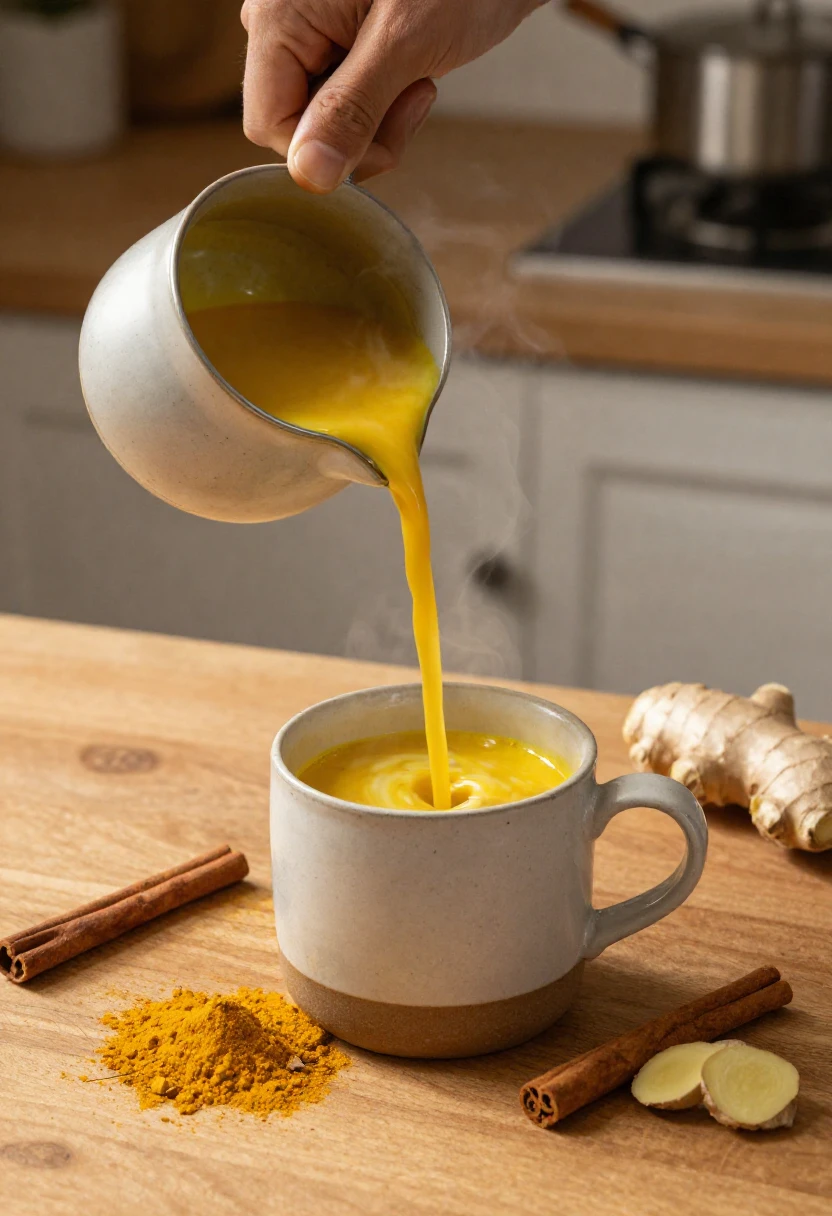 Golden milk being poured into a ceramic mug with turmeric cinnamon and ginger on wooden counter