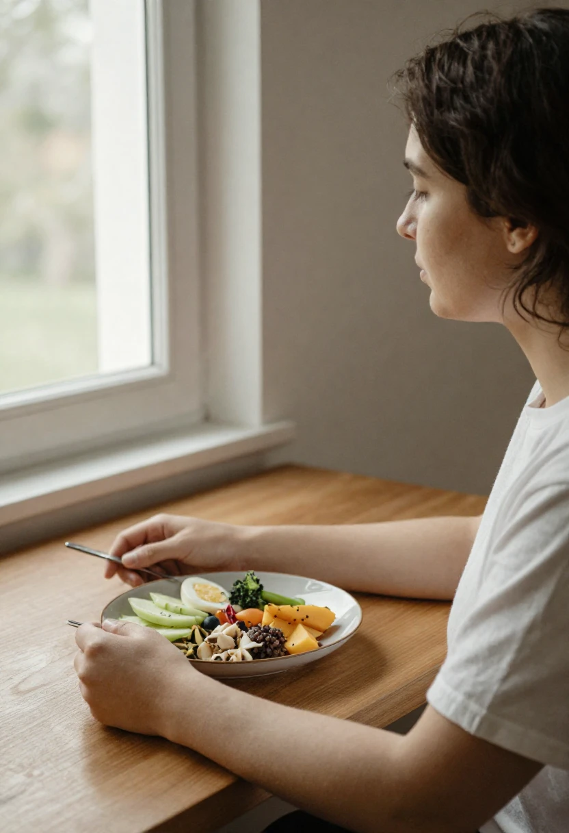 Person practicing mindful hunger awareness at a table by a window