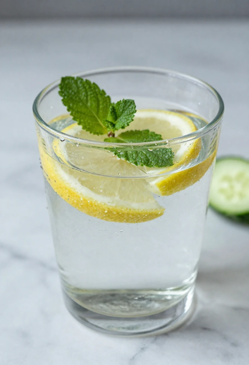 A glass of fresh water with lemon, mint, and cucumber on a marble surface in soft natural light