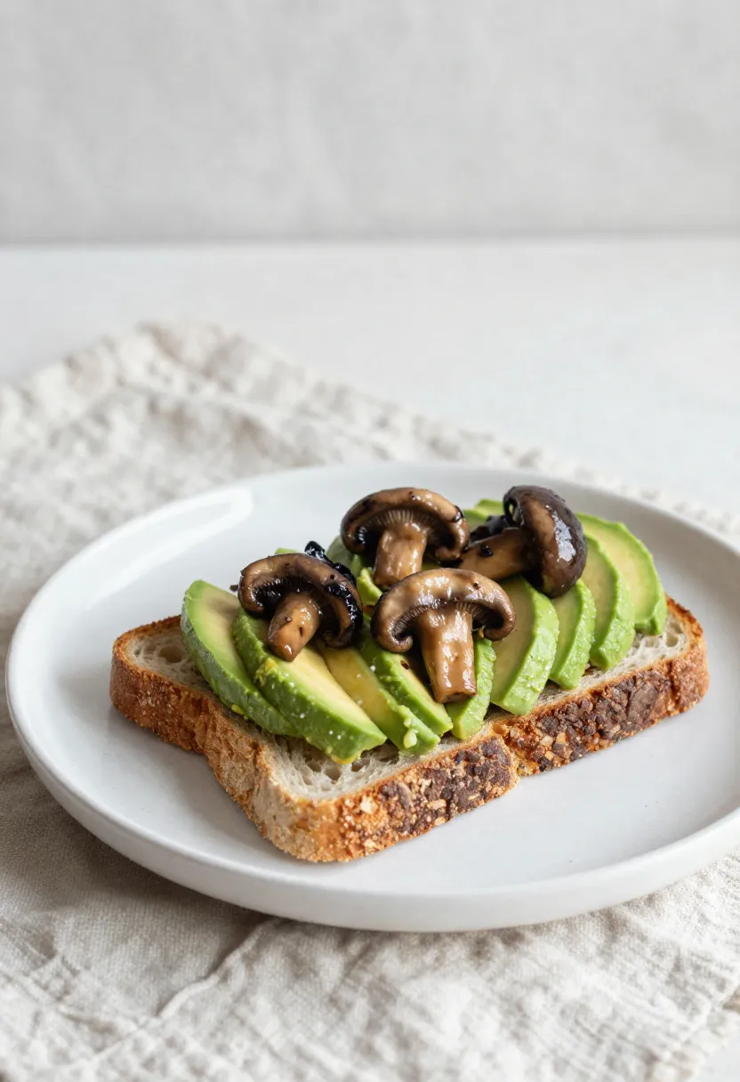Balanced mushroom and avocado toast with miso on sourdough in soft natural light