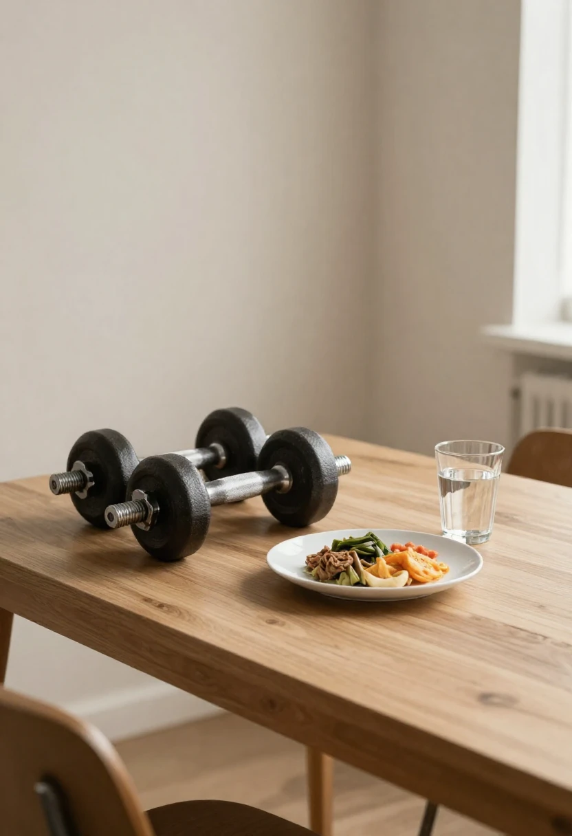 Dumbbells next to a small meal illustrating why intense exercise is discouraged on a low-calorie diet.