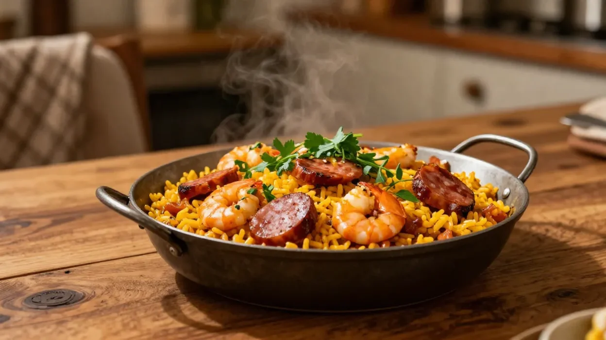 Colorful jambalaya with shrimp, sausage, and rice in a cozy warm setting