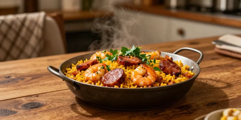 Colorful jambalaya with shrimp, sausage, and rice in a cozy warm setting