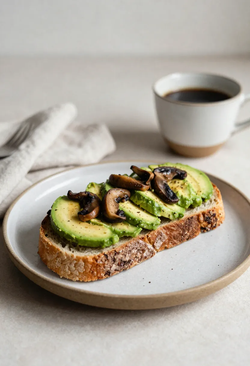 Cozy mushroom avocado toast on sourdough in a relaxed everyday setting