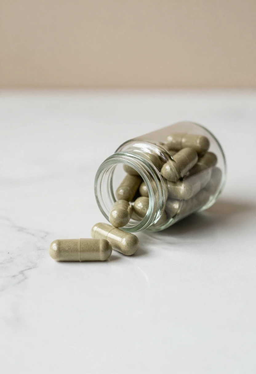 Kratom capsules in a glass jar on a white marble surface