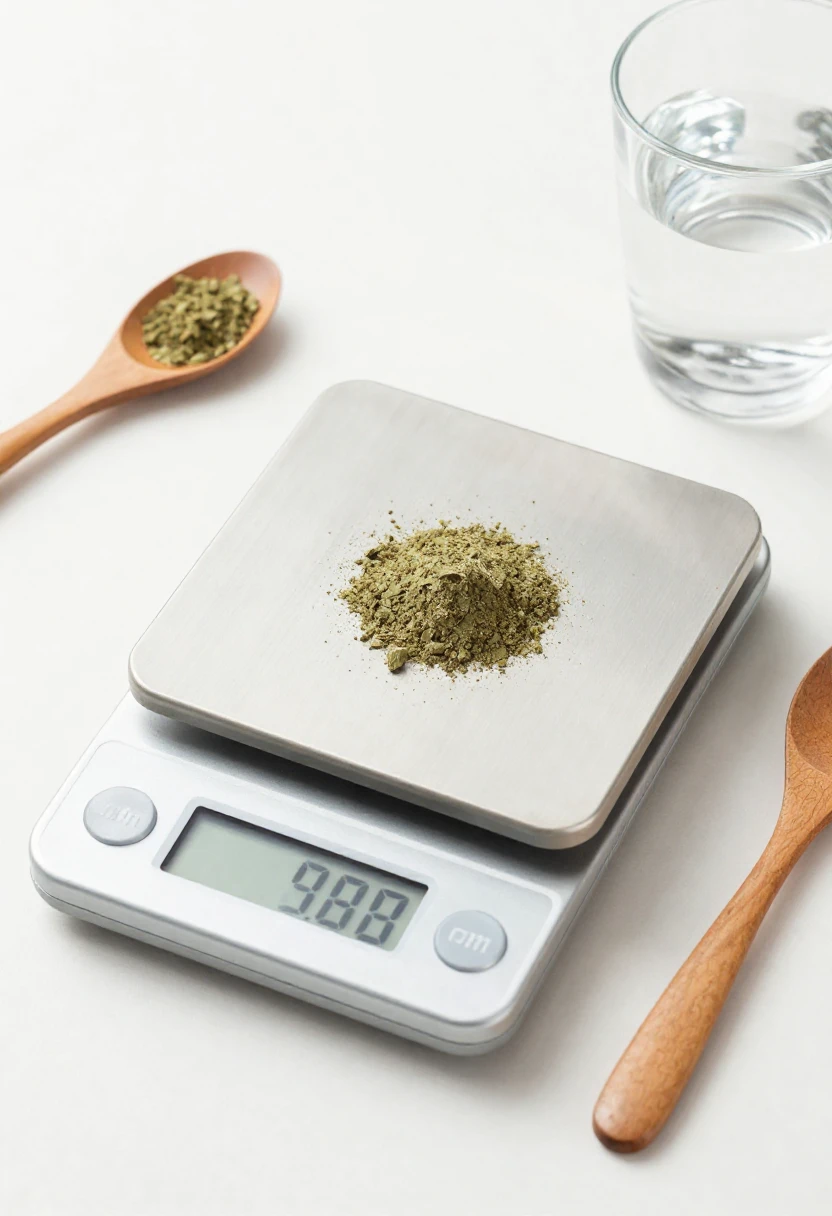 Digital scale measuring kratom powder dosage on a white surface