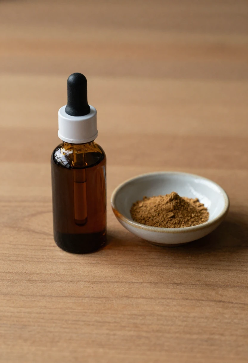 Kratom extract bottle and concentrated powder on a wooden surface