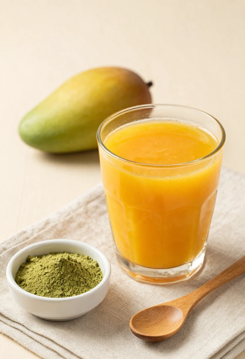 Kratom powder next to a glass of mango juice for mixing method