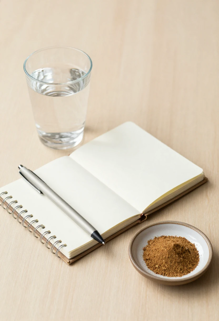 Kratom safety essentials – water, notes, and measured powder on a wooden surface