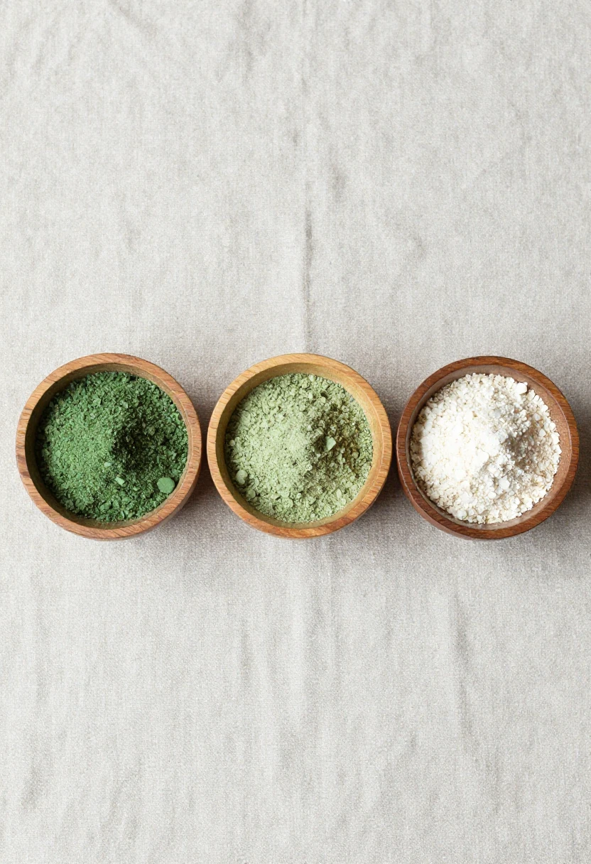 Three kratom strain powders in wooden bowls showing red white and green vein varieties