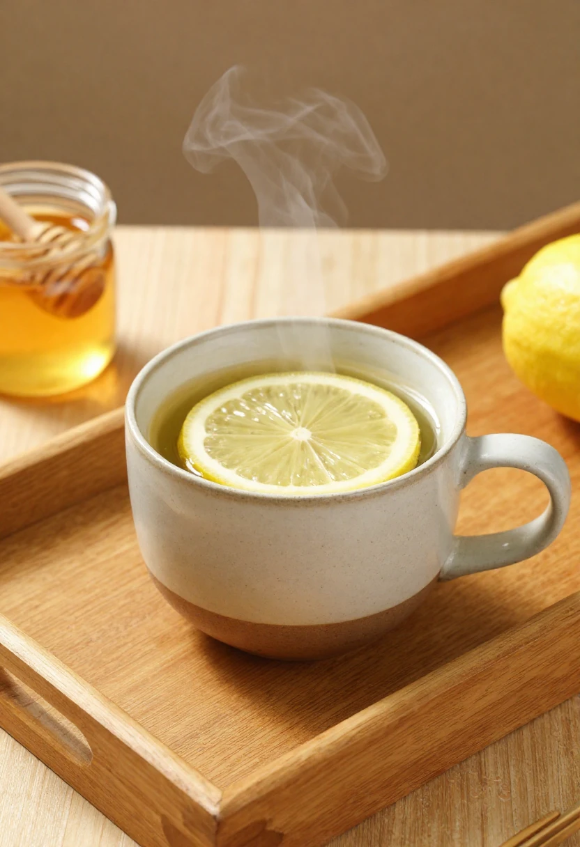 Kratom tea in a ceramic mug with lemon and honey on a wooden tray