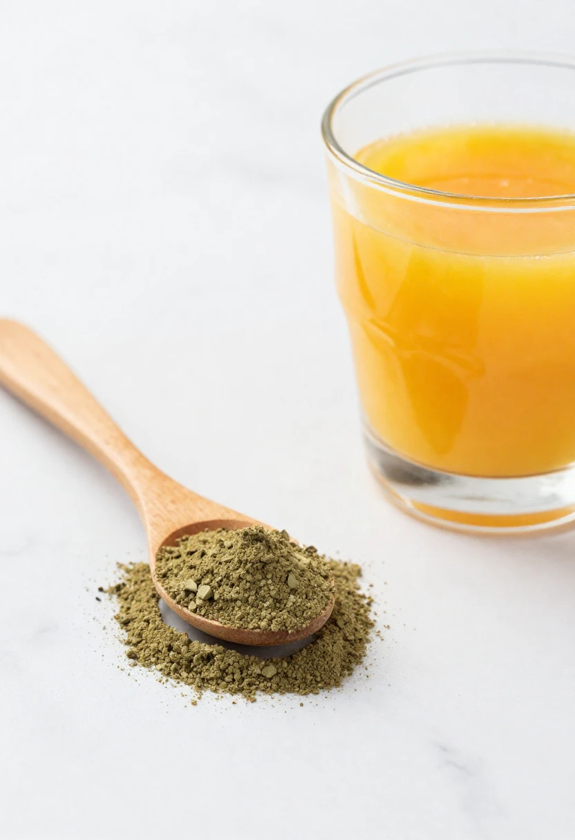 Kratom powder on a spoon next to orange juice for toss and wash method