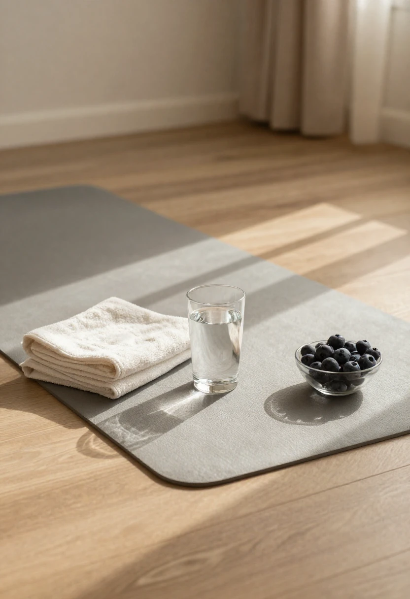 Yoga mat, water, and berries representing light activity during a restrictive diet.