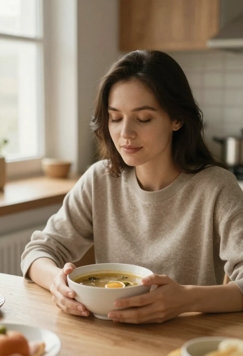 Woman mindfully enjoying a warm bowl of soup at a kitchen table representing intuitive eating and body awareness