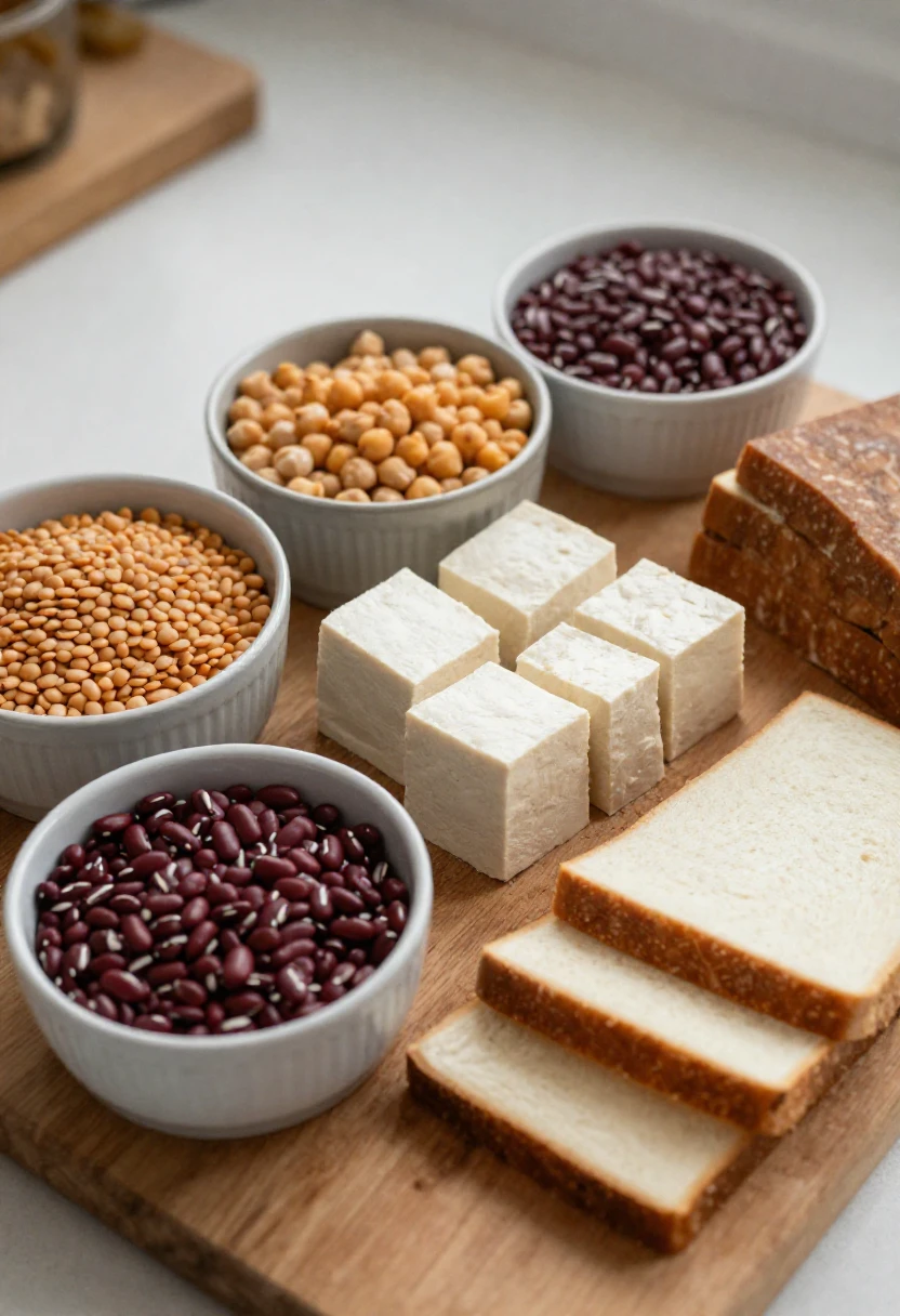 Plant-based proteins including lentils, chickpeas, tofu and tempeh