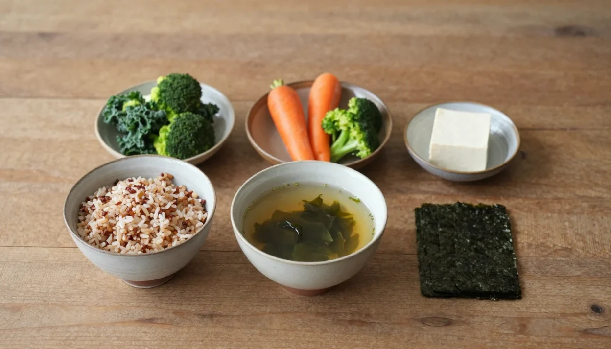 A balanced macrobiotic meal with brown rice, miso soup, steamed vegetables, tofu, and sea vegetables served in ceramic bowls on a wooden table